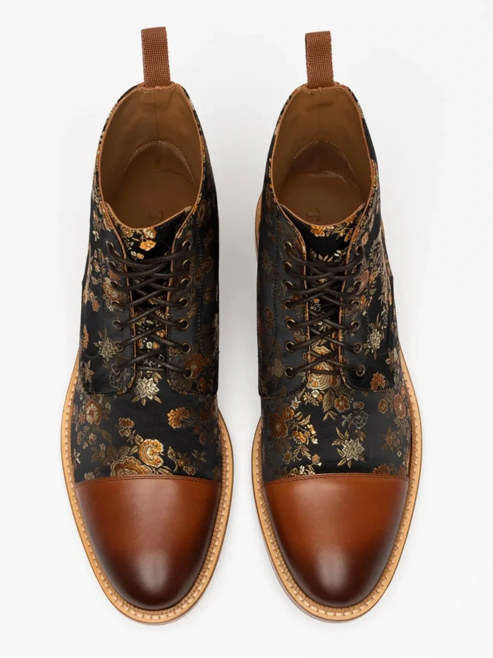 Taft Black Floral Brocade Chukka Boots with Brown Leather Accents